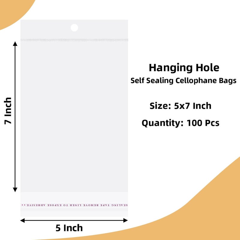 Morepack 5x7 Inches Hanging Hole Self Sealing Cellophane Bags Self Adhesive, 100 Pieces Clear Resealable Cellophane Bags with hanging header for Jewelry Earring Necklace - Image 2